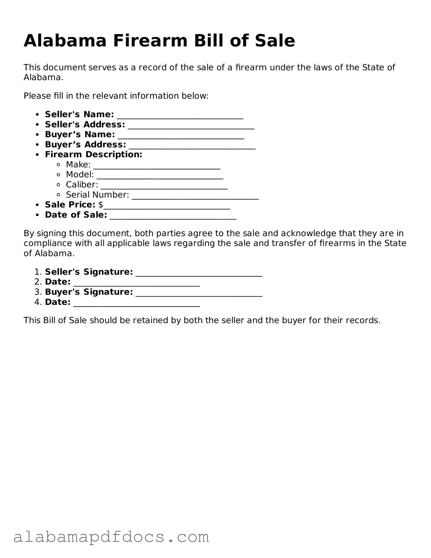 Printable Firearm Bill of Sale Form for Alabama State