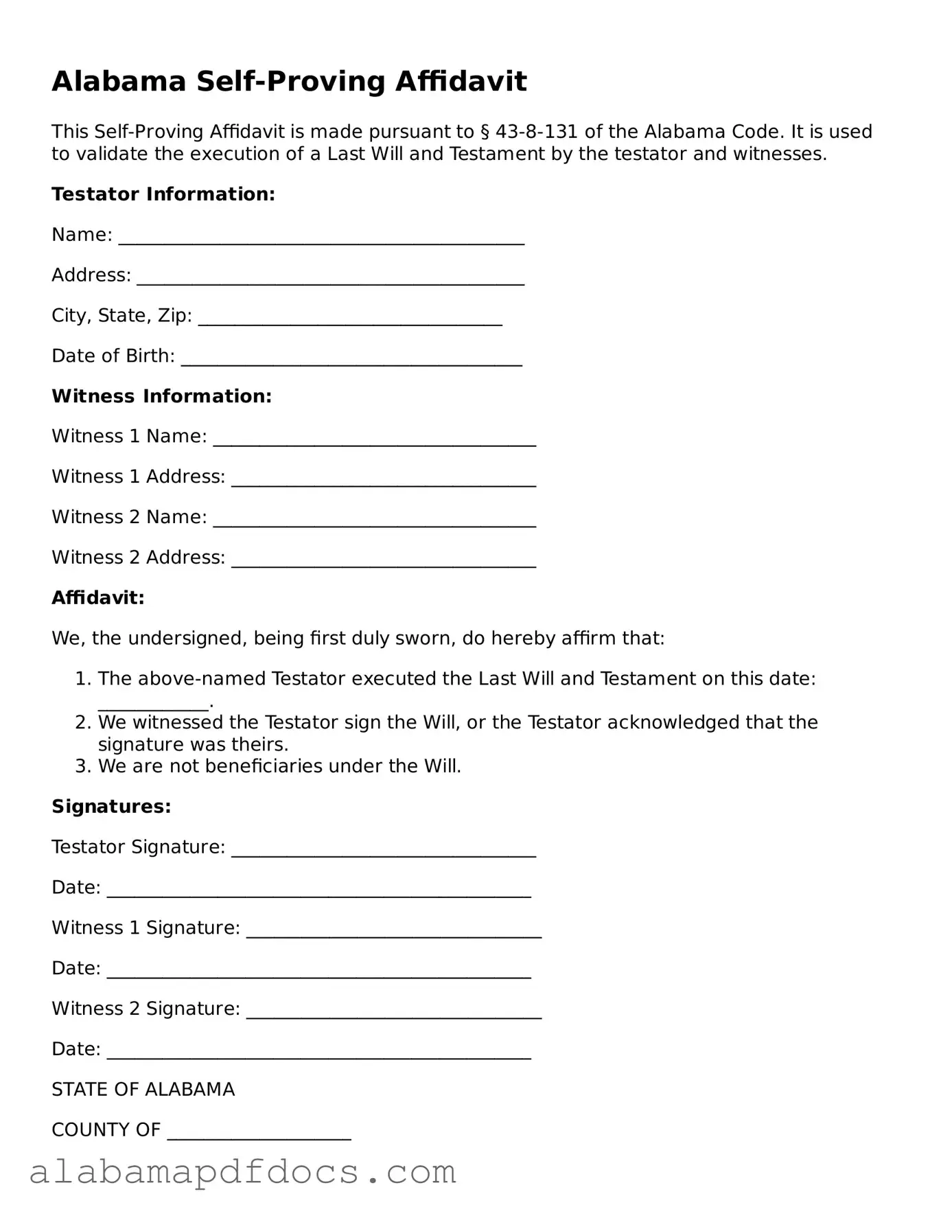 Printable Self-Proving Affidavit Form for Alabama State