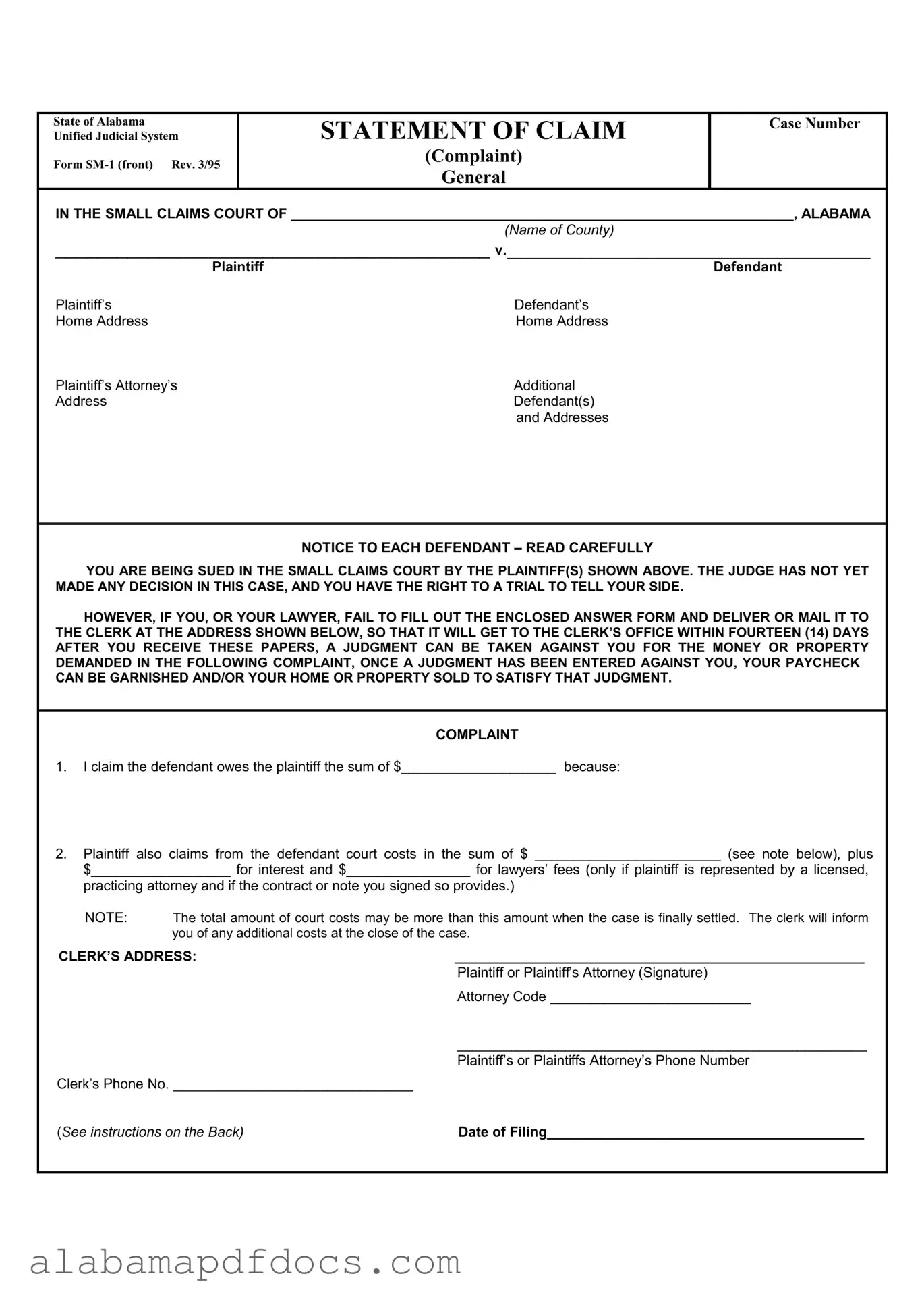 Free Alabama Sm 1 PDF Template