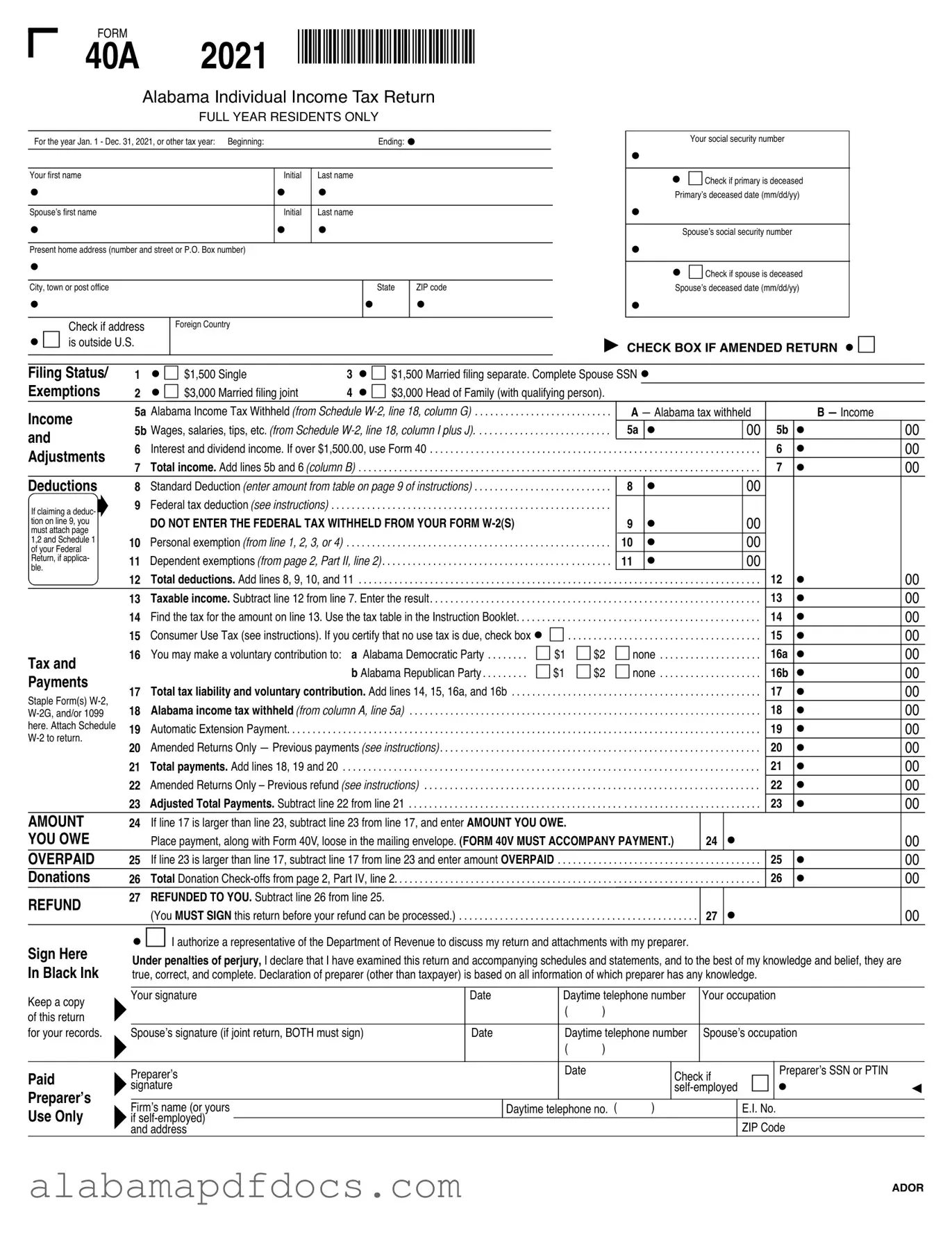 Free Alabama State Tax Return 40A PDF Template