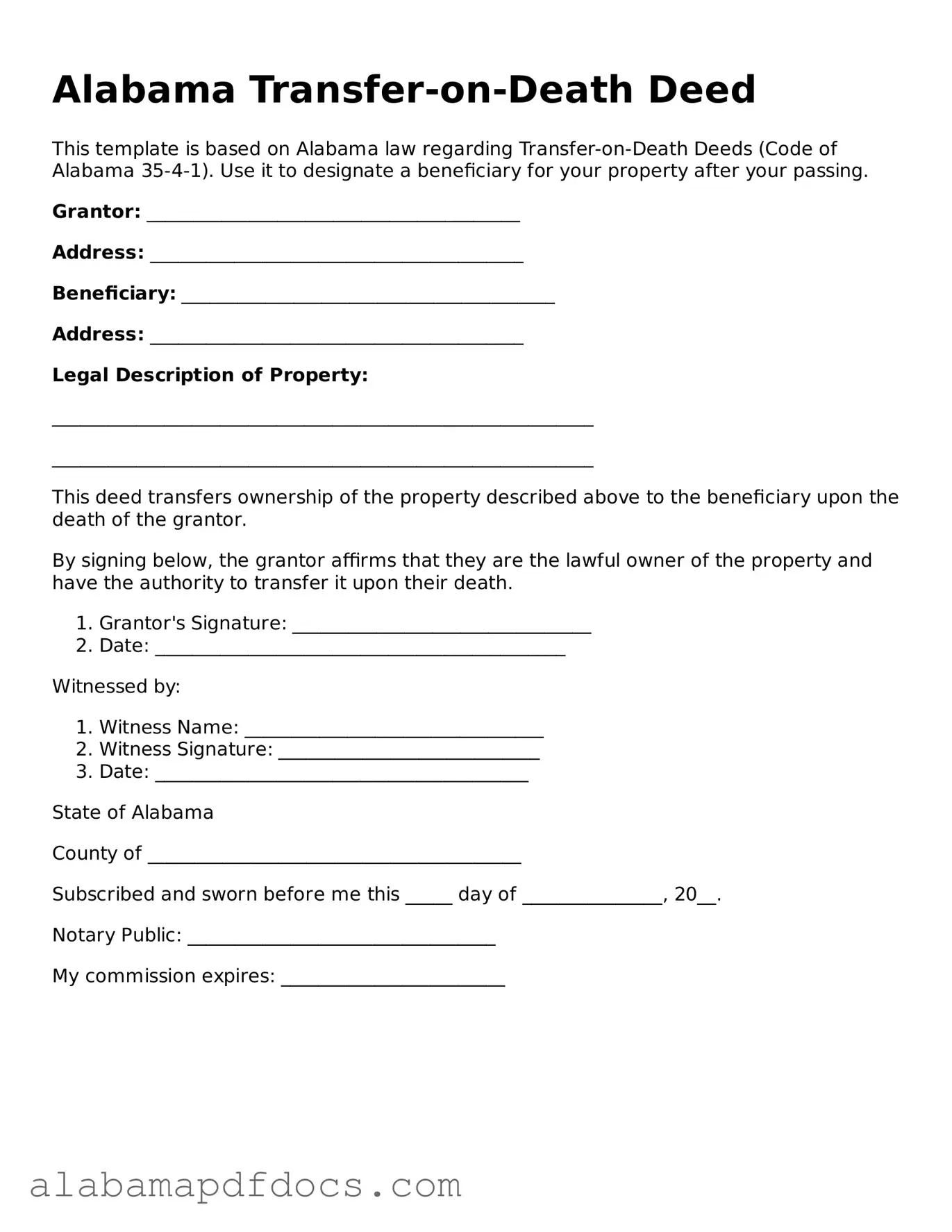 Printable Transfer-on-Death Deed Form for Alabama State