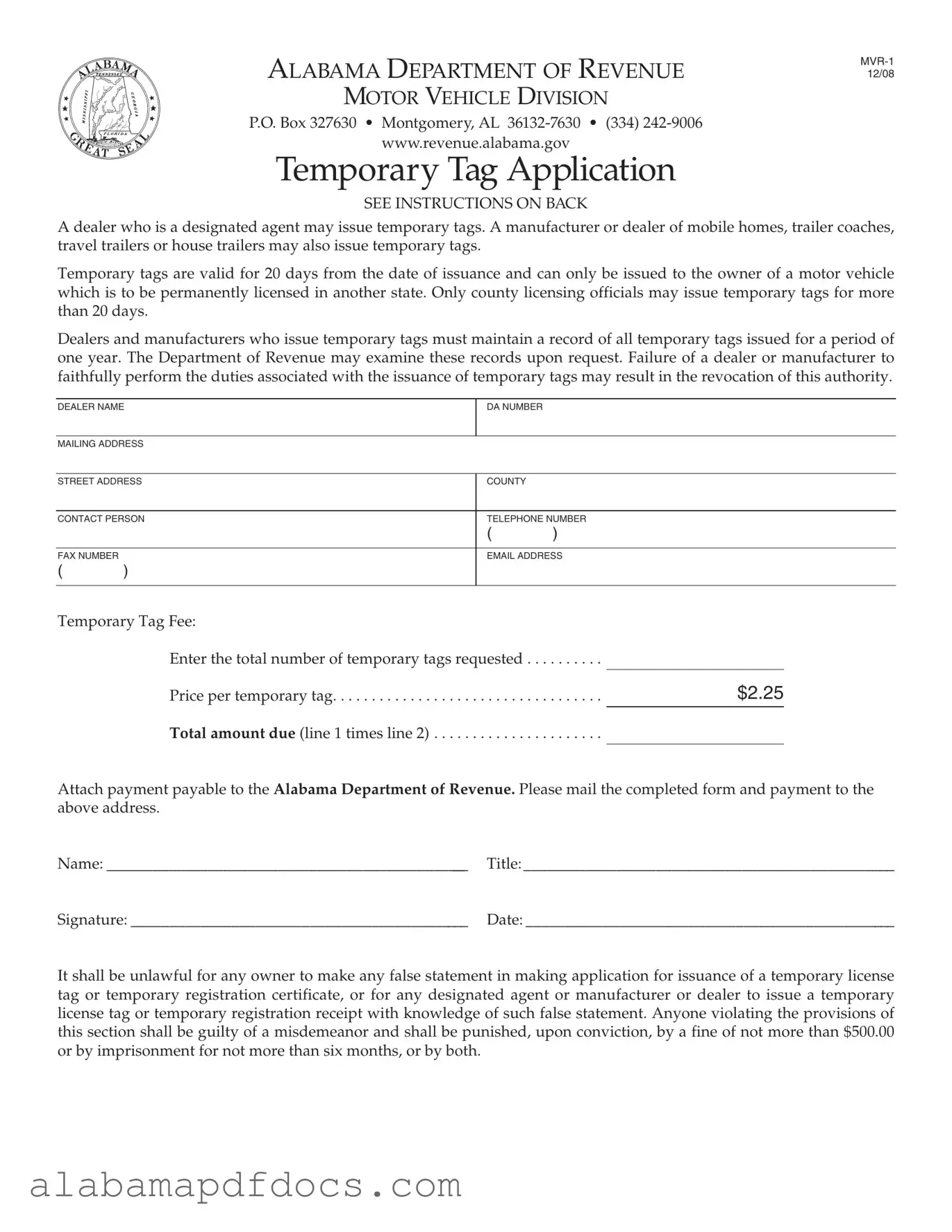 Free Alabama Temporary Tag Application PDF Template