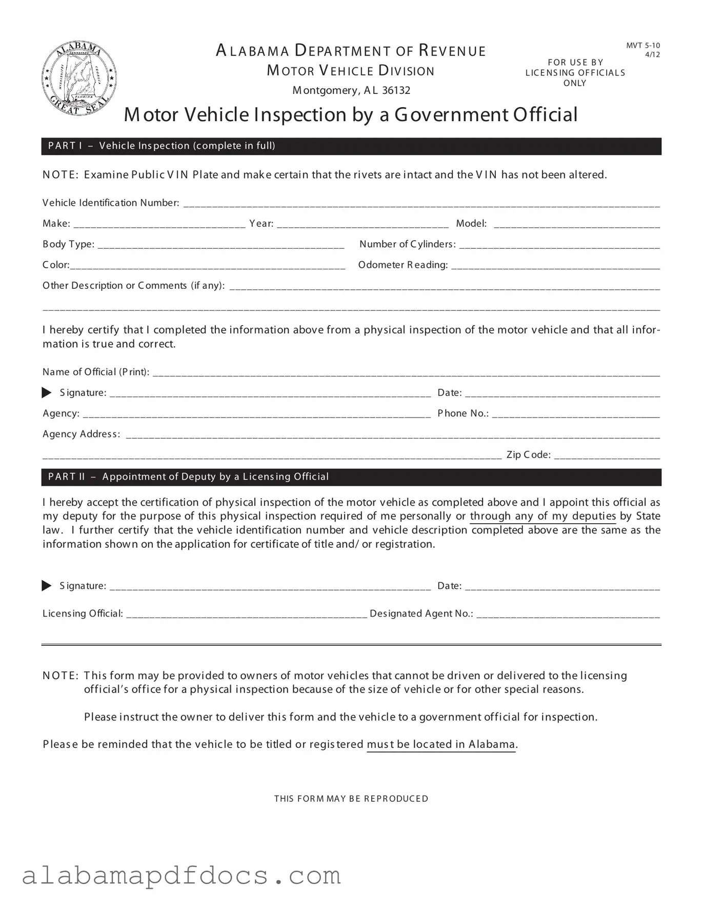 Free Alabama Vin Inspection PDF Template