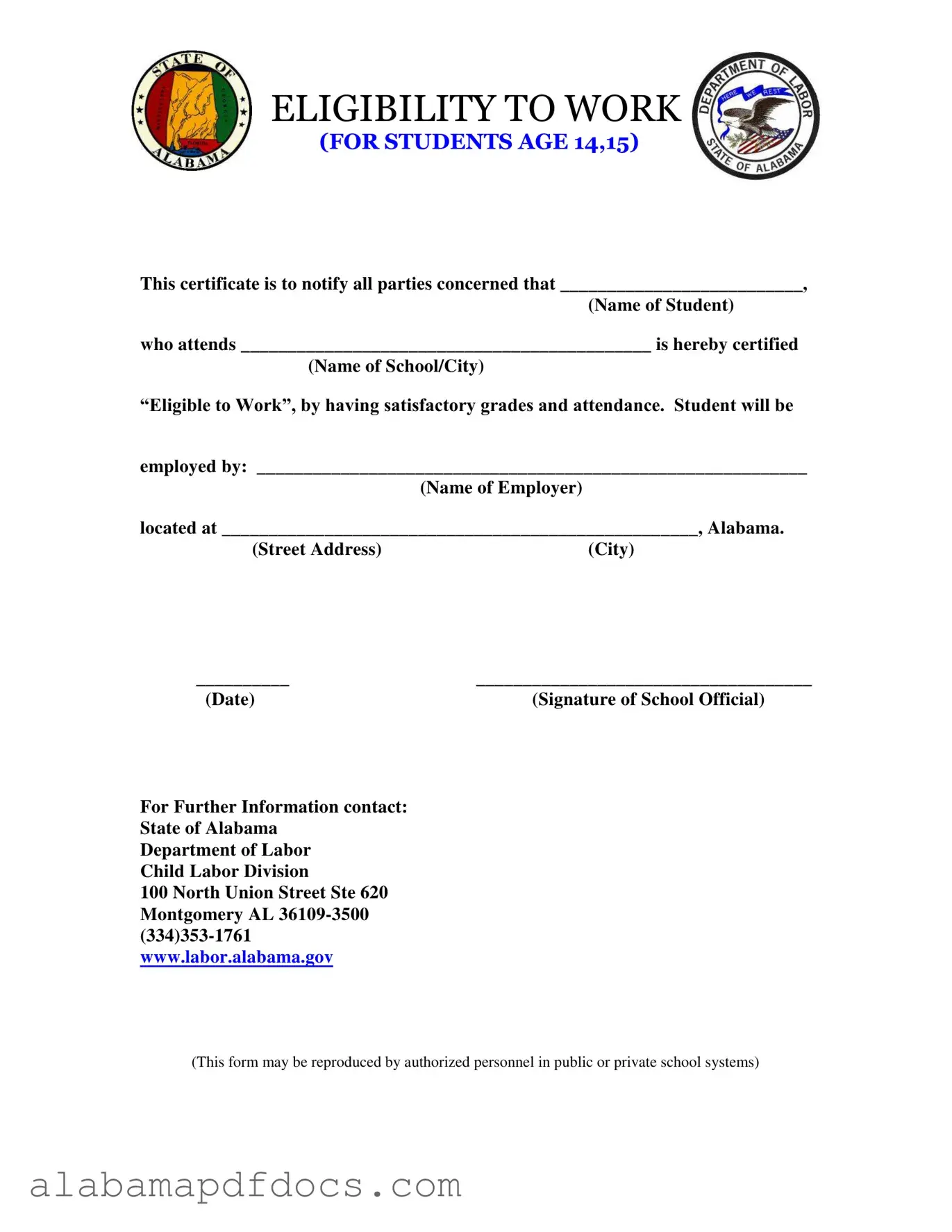 Free Eligibility Work Alabama PDF Template