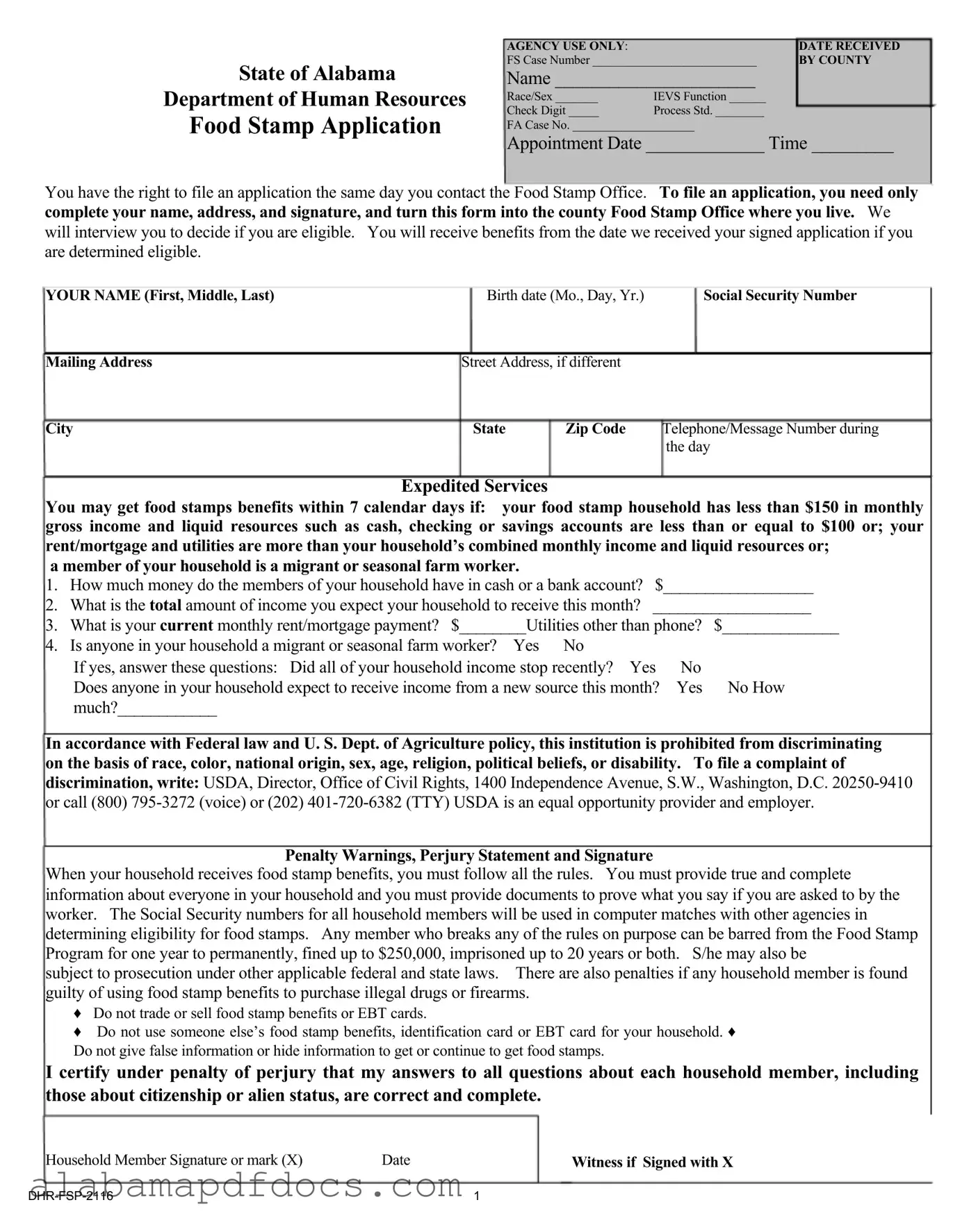 Free Food Stamp Application Alabama PDF Template