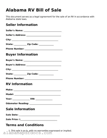 Printable RV Bill of Sale Form for Alabama State