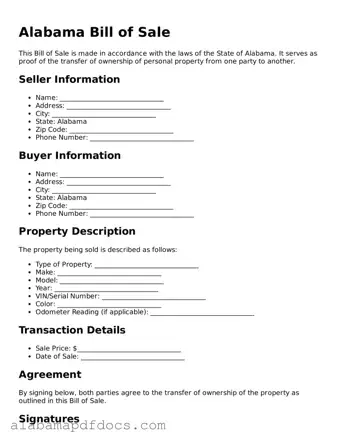 Printable Bill of Sale Form for Alabama State