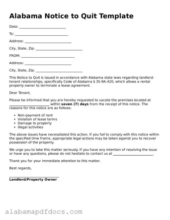 Printable Notice to Quit Form for Alabama State