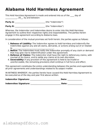 Printable Hold Harmless Agreement Form for Alabama State
