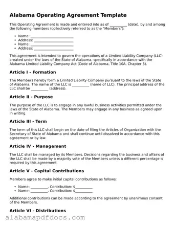 Printable Operating Agreement Form for Alabama State
