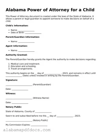 Printable Power of Attorney for a Child Form for Alabama State