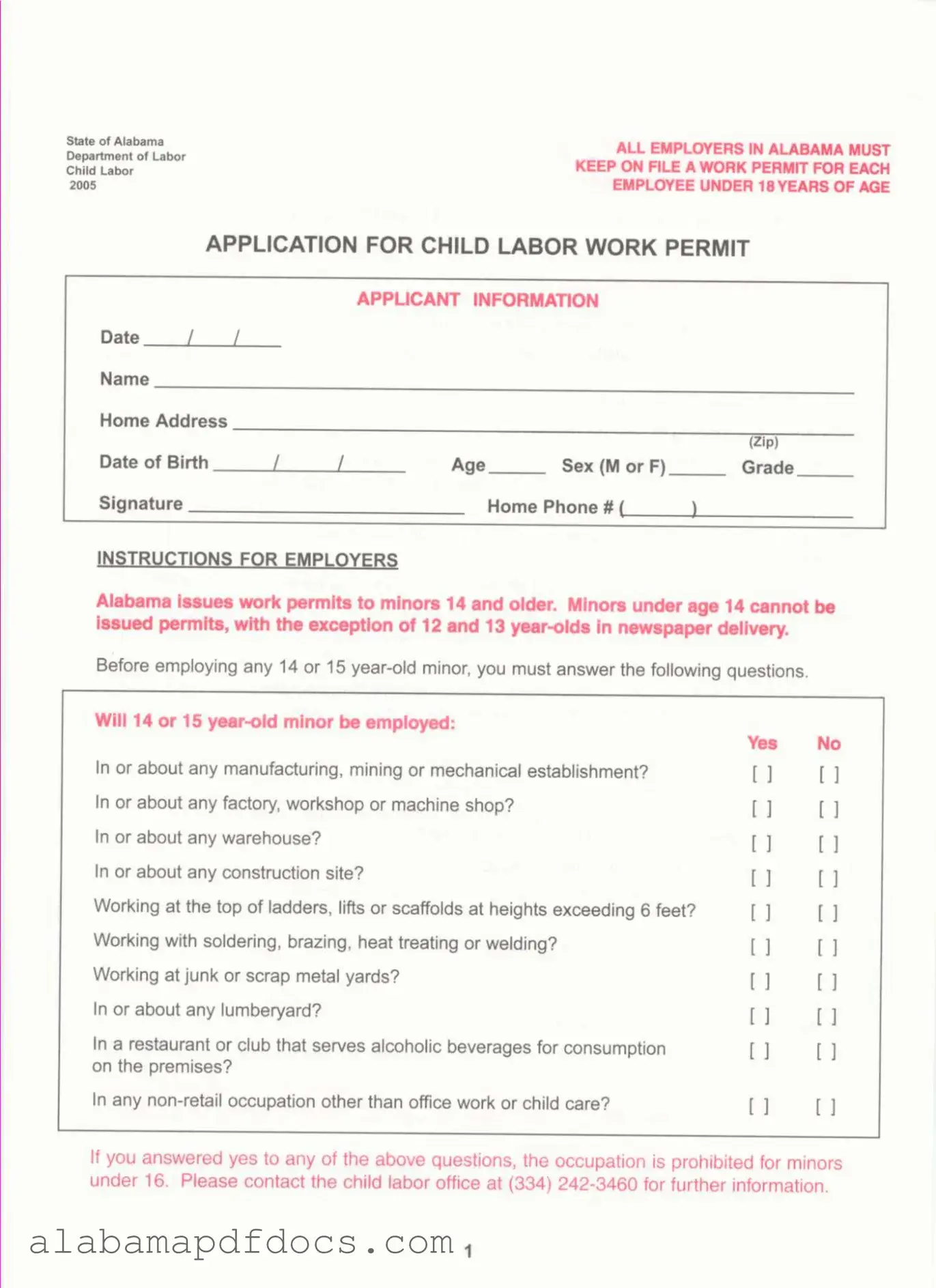 Free Work Permit Alabama PDF Template